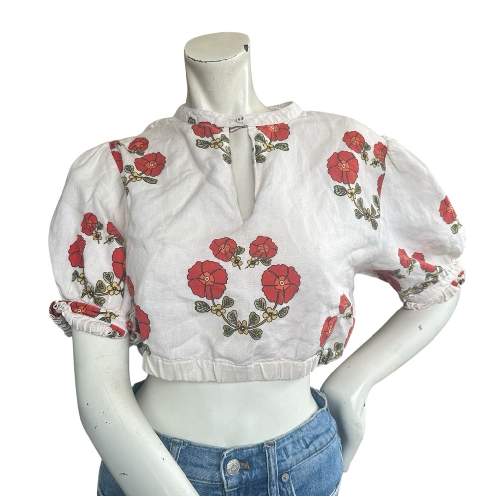 Tuckernuck Carolina K Linen Blend Floral Print Puff Sleeve Cropped Blouse Medium